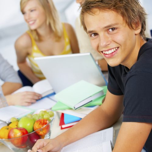 Portrait of a young male student in his study group working.